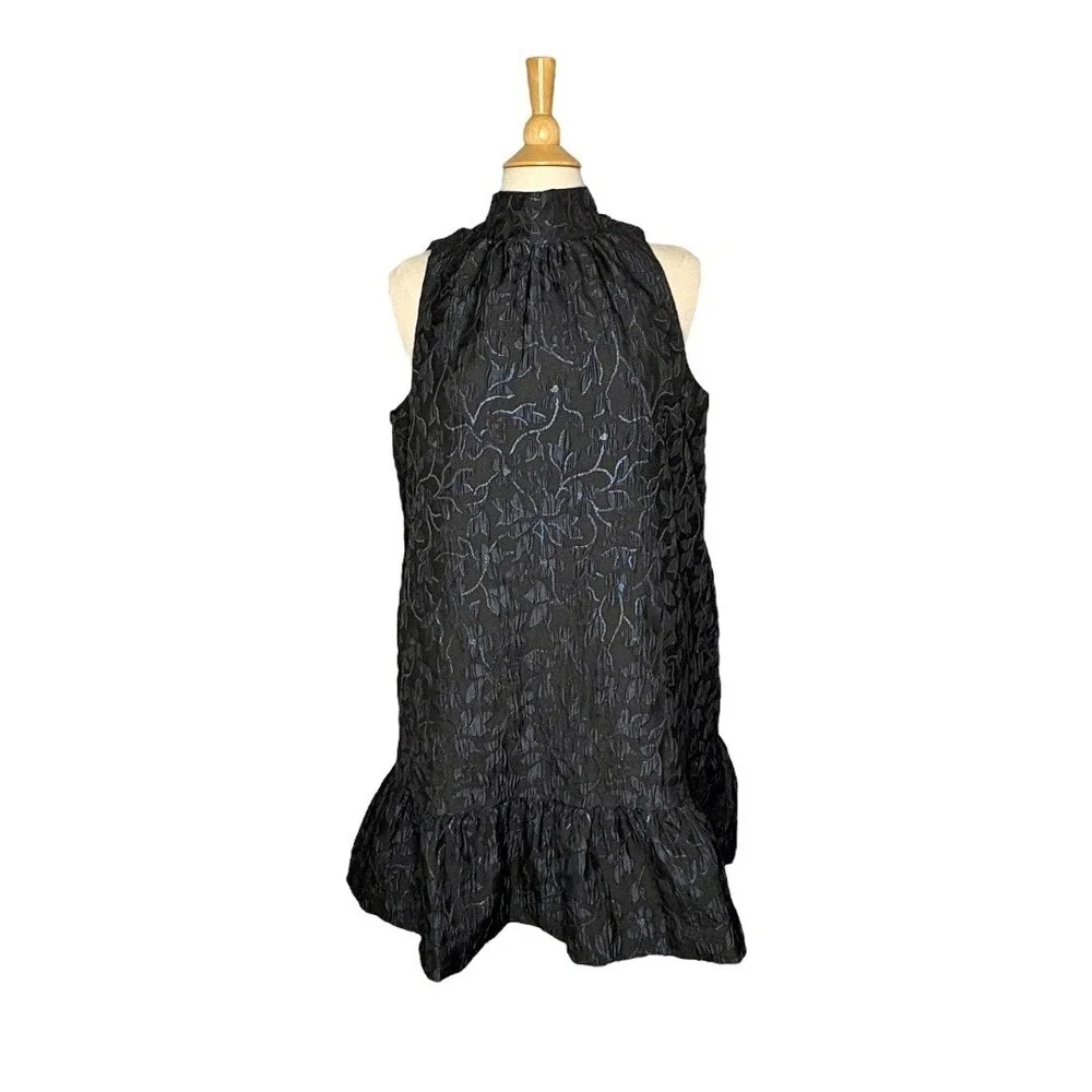 Scoop Mini Dress Women‎ Large Black Blue Metallic Floral Jacquard Mock Neck Tie
